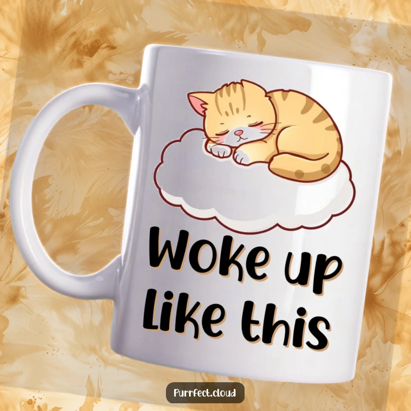 Funny Cat Mug, a peaceful feline napping soundly on a soft, fluffy white cloud, evoking serenity and sweet dreams, perfect for cozy sips.