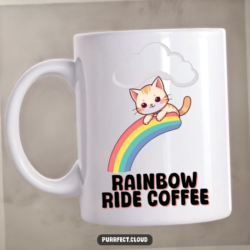 Funny mug featuring a cat gleefully sliding down a colorful rainbow that starts from a fluffy cloud.