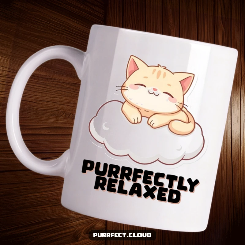 Funny purring cat cloud mug, showing a content cat lounging and purring on a soft cloud, exuding peace and relaxation.