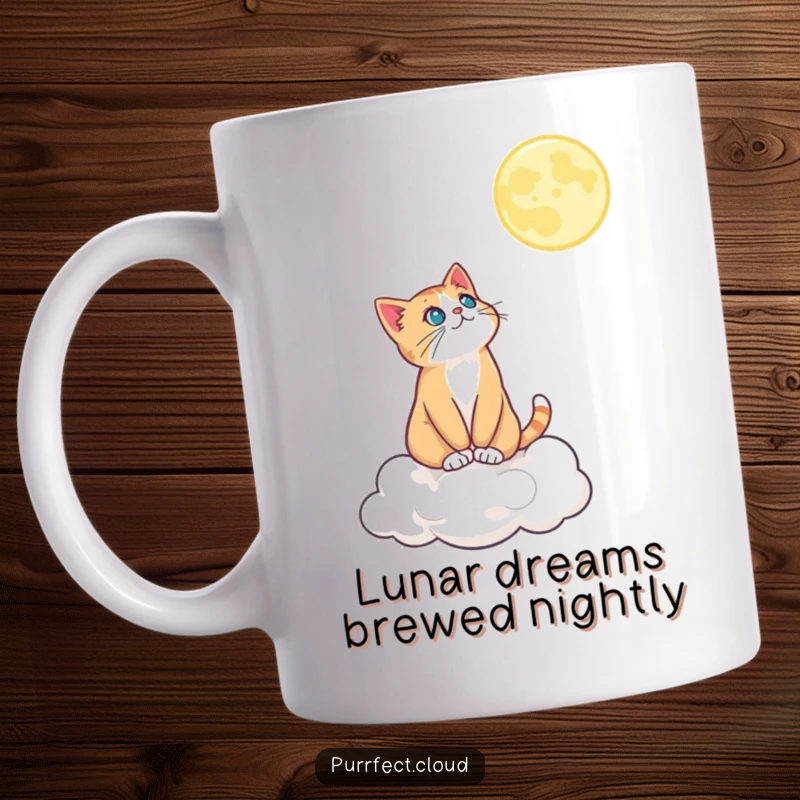 Funny mug featuring a cat on a cloud looking up contemplatively at a bright moon, embodying wonder and nighttime dreams.