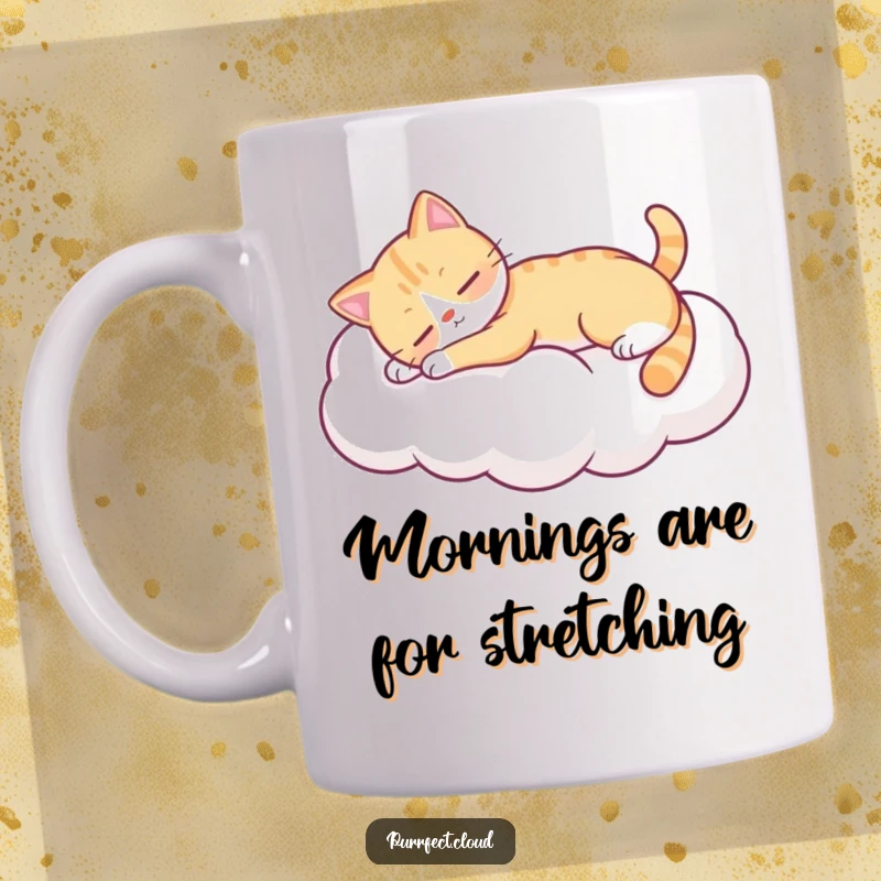 Funny cat stretching languidly on a soft puffy cloud, incredibly relaxed kitty design, perfect for a funny gift.