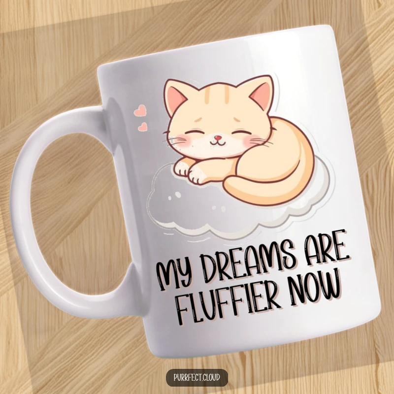Funny sleeping cat on a cloud mug, dreaming with a happy smile, conveying pure contentment and peaceful joy for a lighthearted moment.