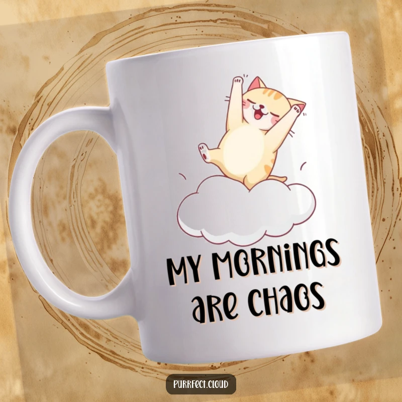 Funny mug showcasing a cat mid-somersault, tumbling comically on a bouncy cloud, capturing a moment of playful failure.