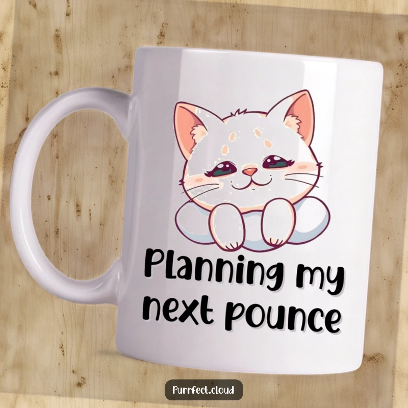 Funny mug featuring a cat perched on a cloud, looking down with a distinctly mischievous grin and a hint of playful plotting.