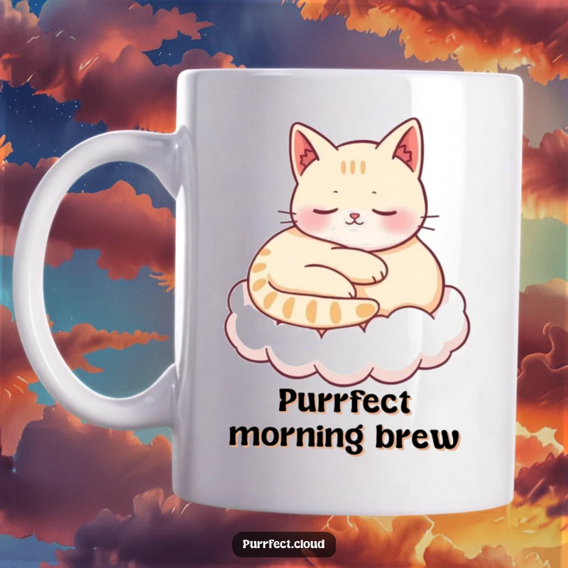 Funny mug featuring a content cat curled up and purring softly on a fluffy cloud, embodying peace and happiness.