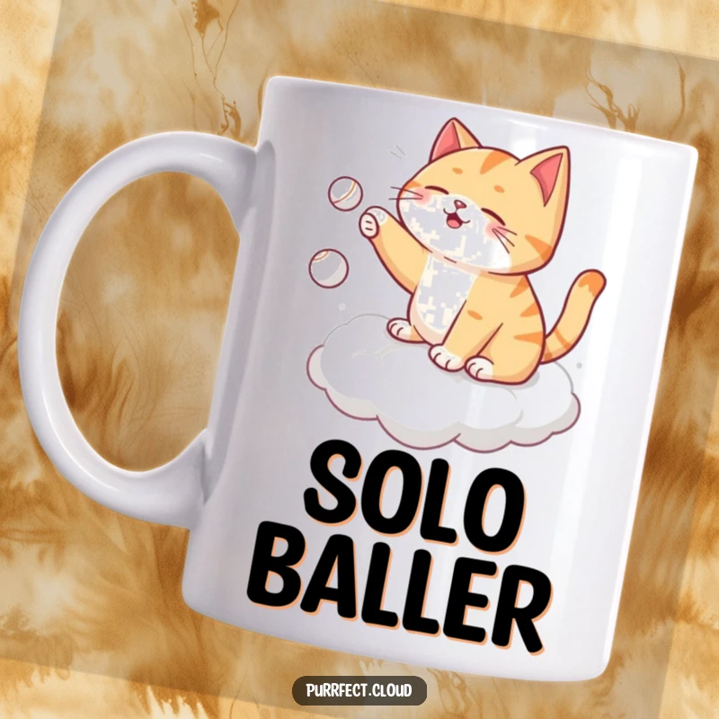 Funny cat mug, playing fetch with itself on a cloud, tossing a tiny ball, symbolizing independent fun, a humorous gift.