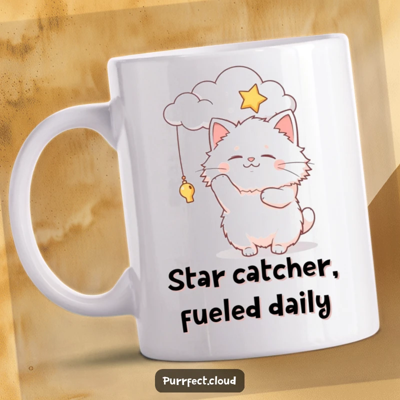 Funny fluffy cat character joyfully batting at a dangling star from a soft cloud, a whimsical and cute design.