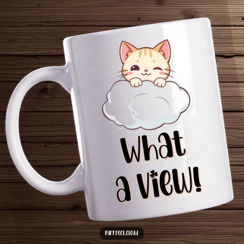 Funny mug featuring a curious cat peeking over the edge of a fluffy cloud, exploring the sky with wide eyes.