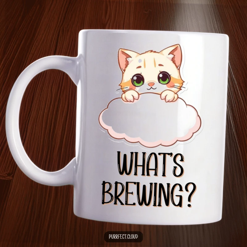 Funny curious cat cloud mug, showing a cat peeking over a cloud with wide, wondering eyes, embodying curiosity and playfulness.