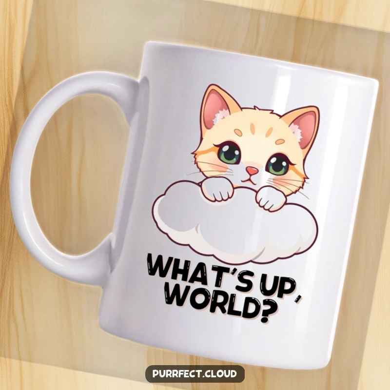 Funny mug with a curious cat peeking over a fluffy white cloud, a humorous and charming feline art piece.