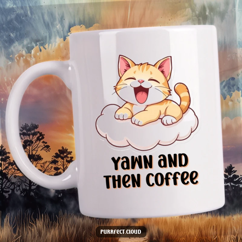 Funny Yawning Cat Mug: A playful cat stretching with a big yawn while lounging on a soft cloud, conveying relaxed humor. A great funny gift.