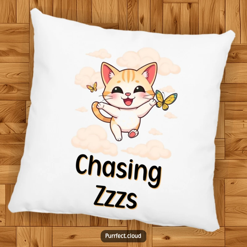 Funny happy cat chasing a butterfly among soft clouds, featured on a plush and cozy pillow.