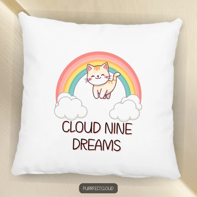 Funny rainbow sliding cat pillow, showing a happy cat sliding down a rainbow above clouds, offering cozy comfort and whimsical charm.