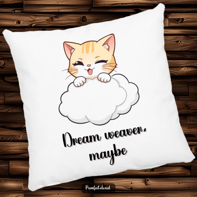 Funny cat pillow with a mischievous cat captured mid-leap, pouncing playfully at a soft cloud.