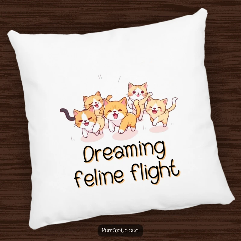 Funny Cat Pillow: A delightful scene of cats playfully chasing each other across a soft, dreamy sky, adding comfort and humor to any space.