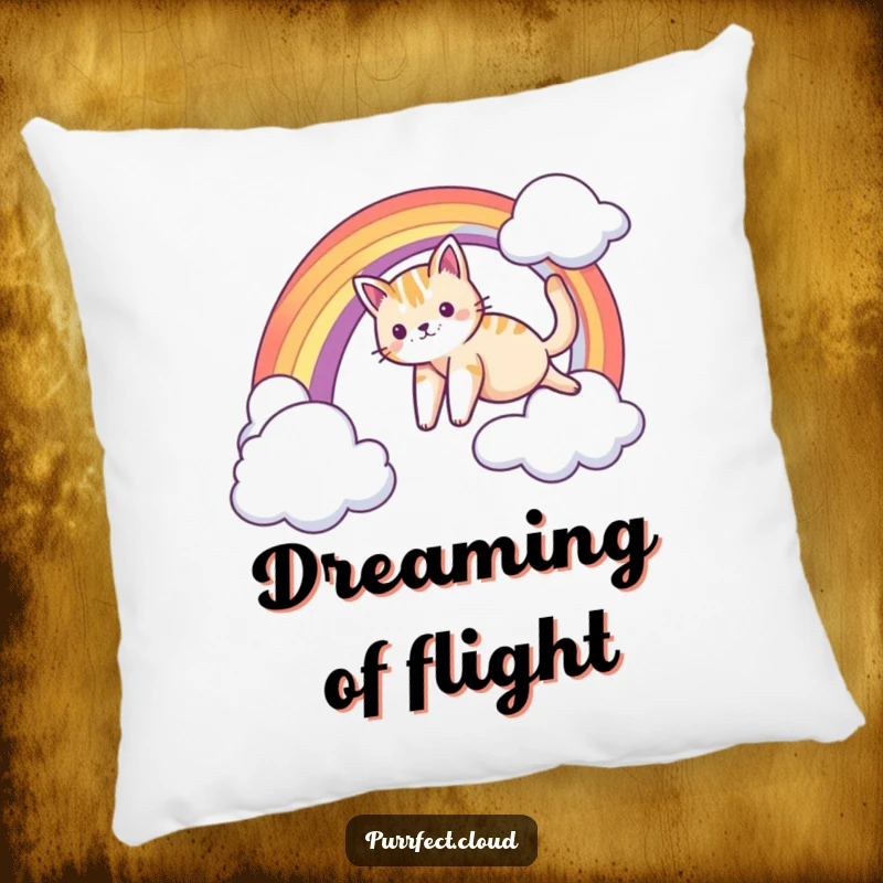 Funny pillow featuring a cat sliding down a rainbow arc between clouds, offering cozy comfort and whimsical feline dreams.