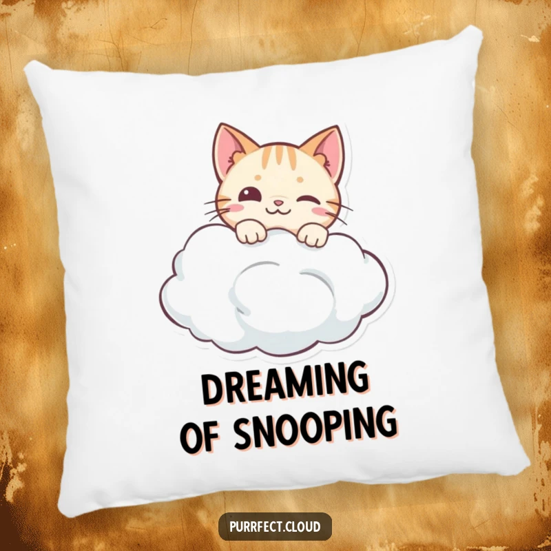 Funny accent pillow featuring a curious cat peeking over a soft cloud, adding gentle humor and whimsical charm to any room.