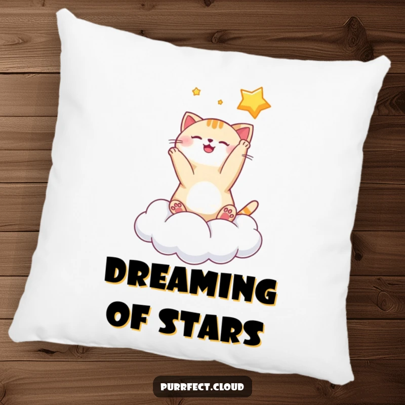 Funny playful cat star pillow with a cat batting at a star on a cloud, adding a humorous and celestial touch to any space.