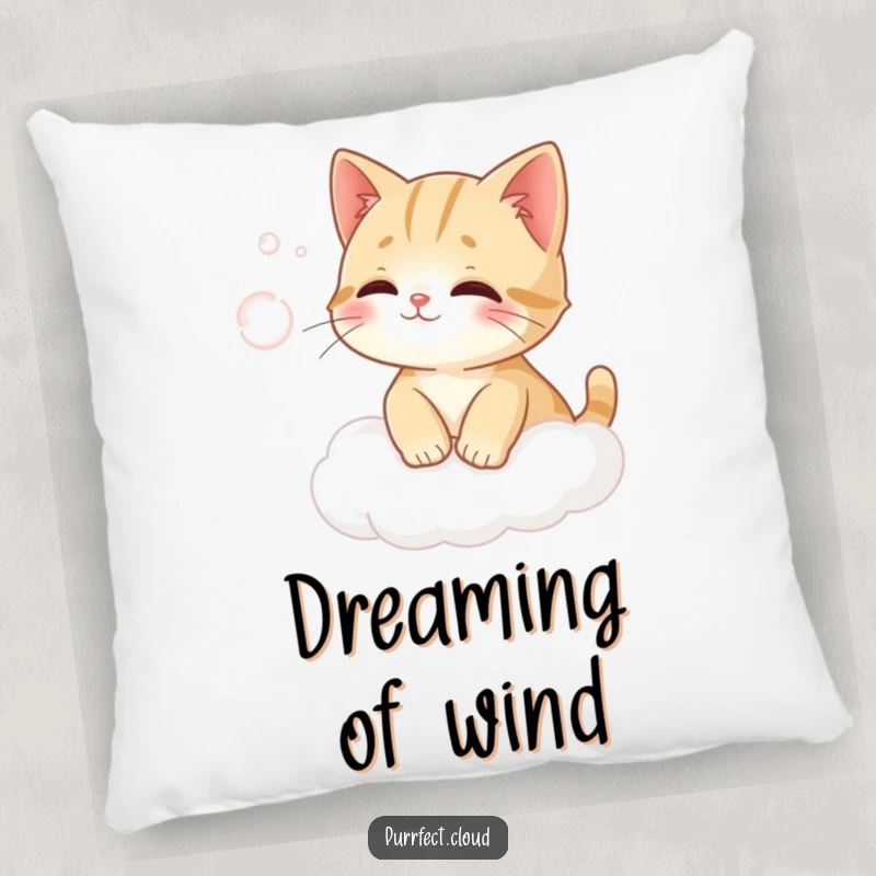 Funny cat on a cloud humorously trying to catch wind on a soft, decorative pillow.