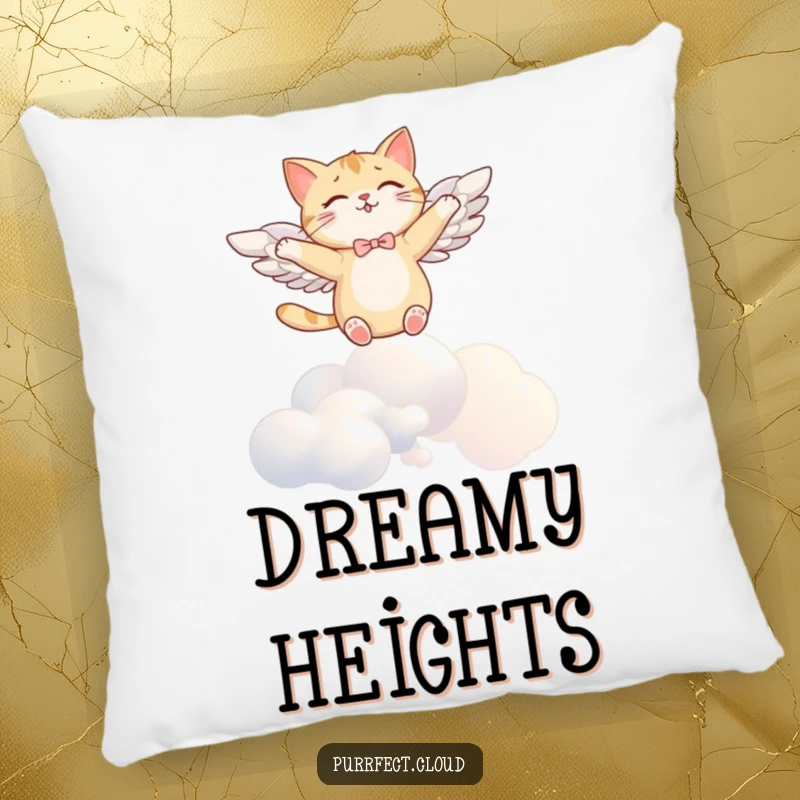 Funny angel cat pillow, with wings, soaring joyfully above clouds, perfect for cozy comfort and a touch of humor.
