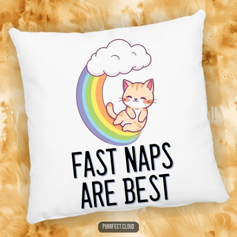 Funny cat pillow, a cat slides down a rainbow from a cloud, soft and decorative cushion.