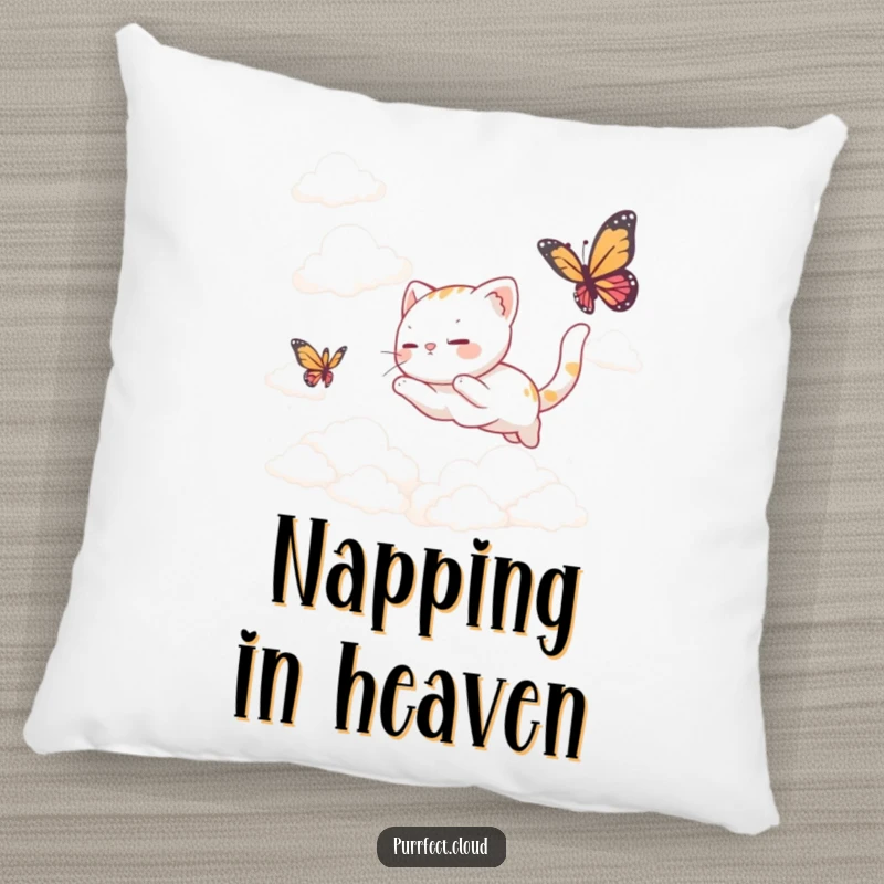 Funny Pillow: A plush cushion showcasing a cat chasing a butterfly through clouds, perfect for cozying up with dreams.