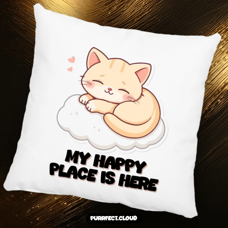 Funny decorative pillow featuring a happy smiling cat dreaming on a fluffy cloud, perfect for adding comfort and humor.