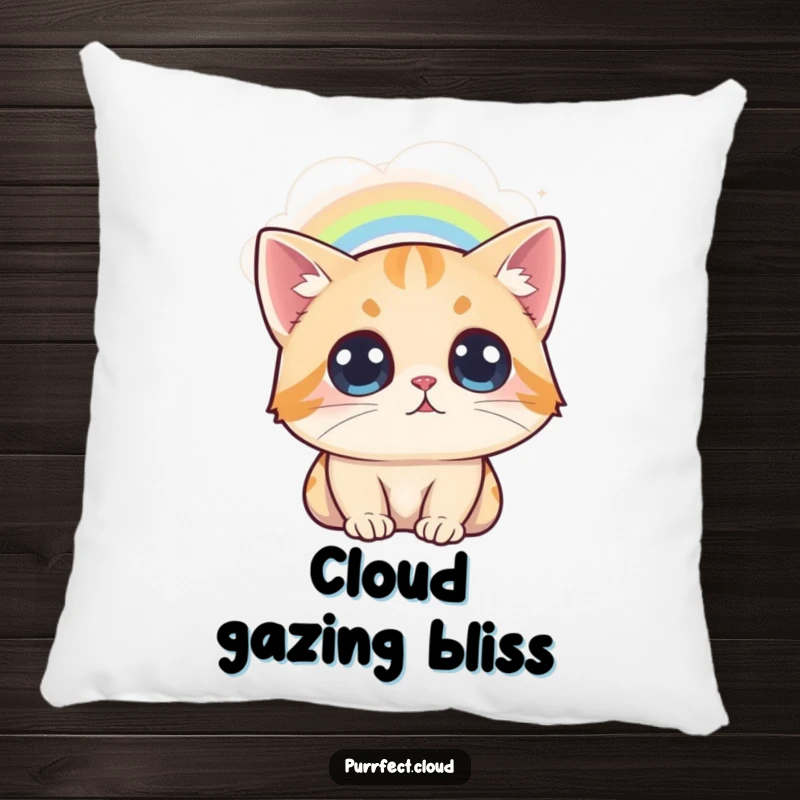 Funny Cat Rainbow Pillow, a cat looks at a rainbow from a cloud, wide-eyed and amazed, soft and decorative cushion.