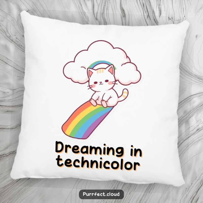 Funny cat character sliding down a rainbow from a cloud, featured on a soft and decorative pillow for ultimate comfort and style.