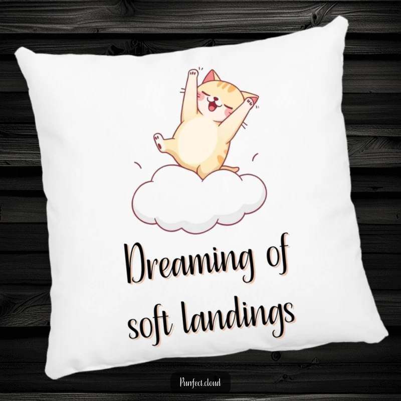 Funny pillow featuring a cat's clumsy somersault on a bouncy cloud, offering comfort and a dose of lighthearted humor.