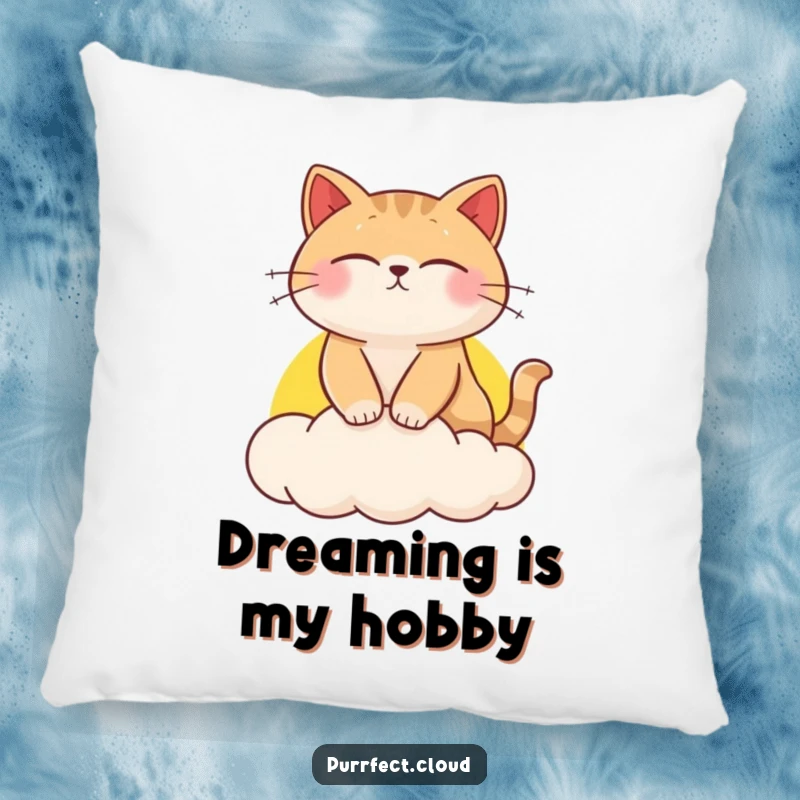 Funny cat pillow, showing a cat dozing on a pastel sunset cloud, soft and decorative cushion.