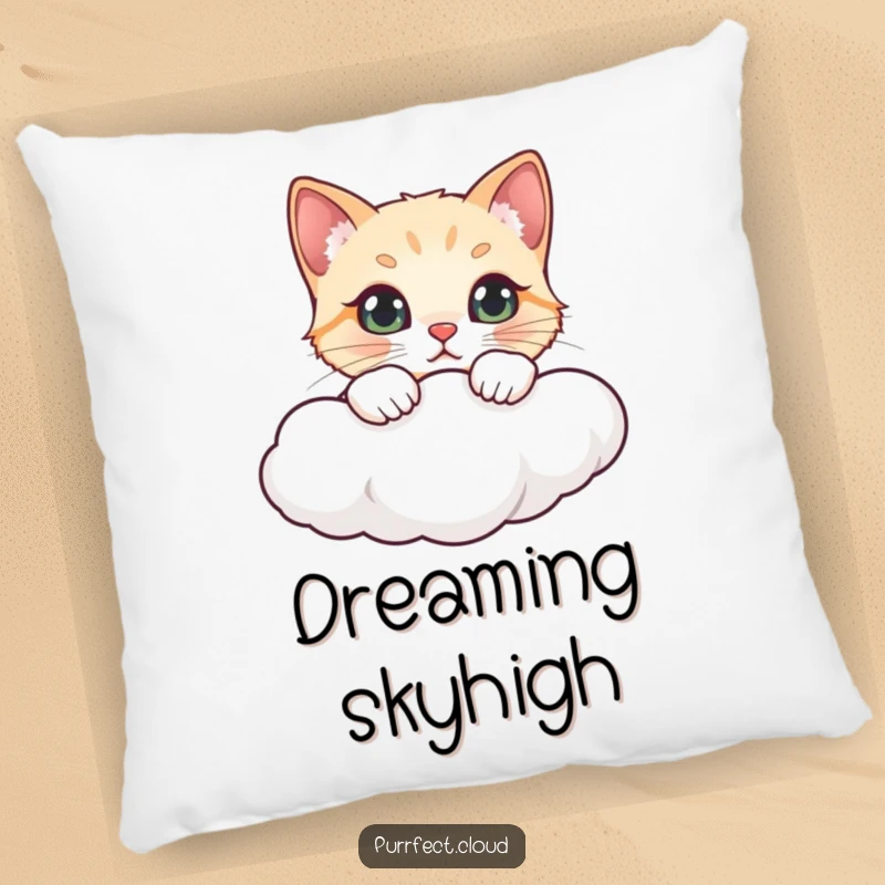 Funny decorative pillow with a cat peeking over a cloud, offering comfort and a humorous touch to any living space.