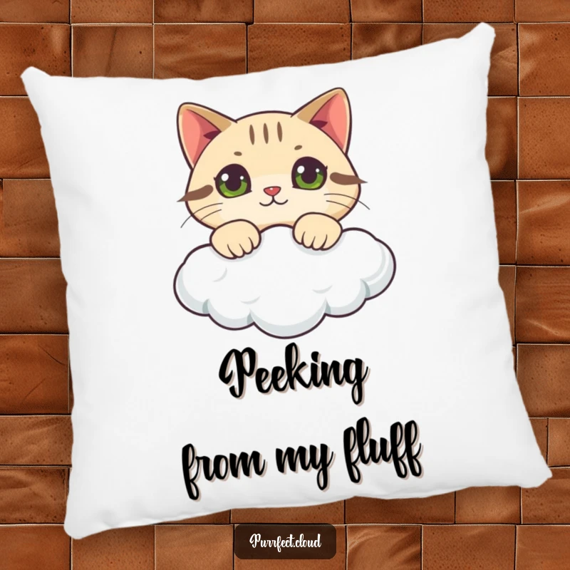 Funny cat pillow featuring a curious cat peeking over a cloud, providing comfort and a touch of whimsy.