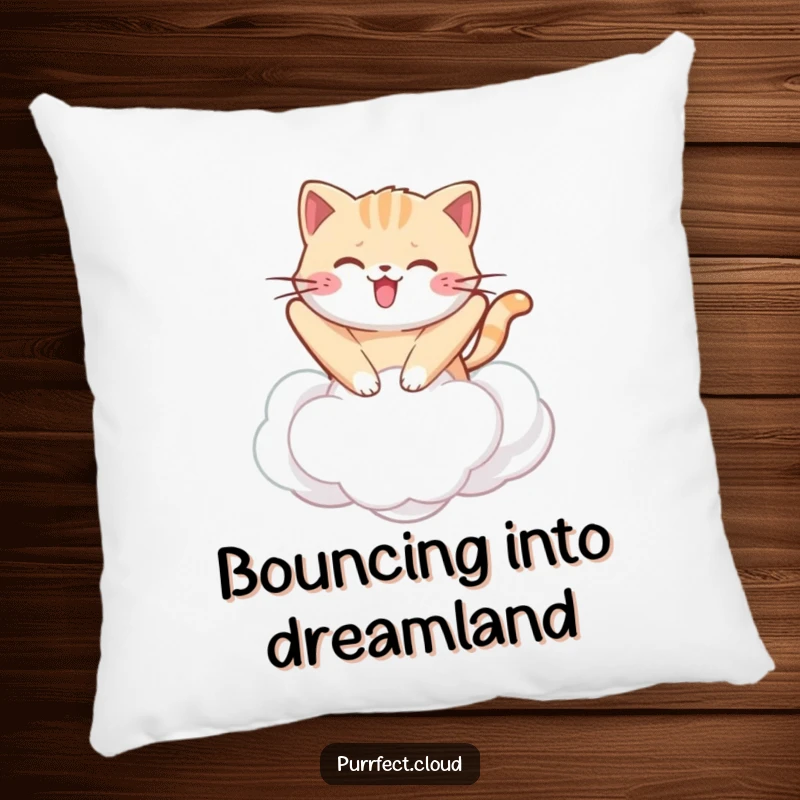 Funny kawaii cat pillow featuring a cute cat bouncing on a cloud, providing comfort and adorable charm.