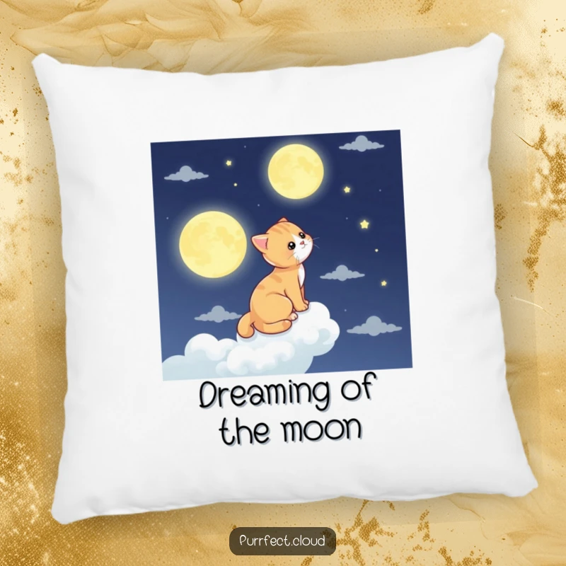 Funny cat pillow, a cat sits on a cloud, gazing at the moon, soft and dreamy decor.