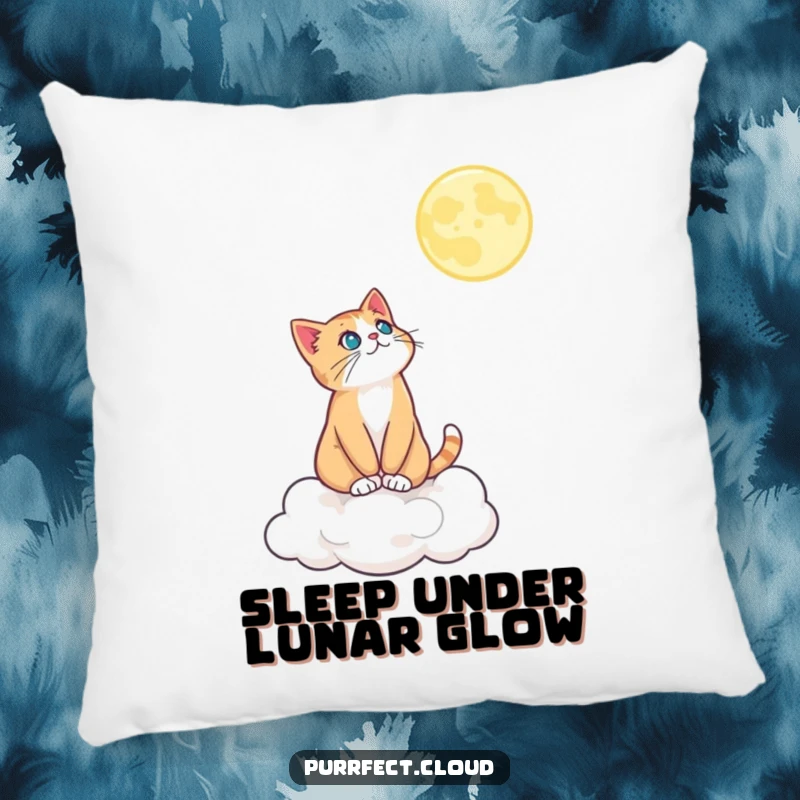 Funny pillow with a cat on a cloud looking at the moon, offering cozy comfort and inspiring dreams of the night sky.