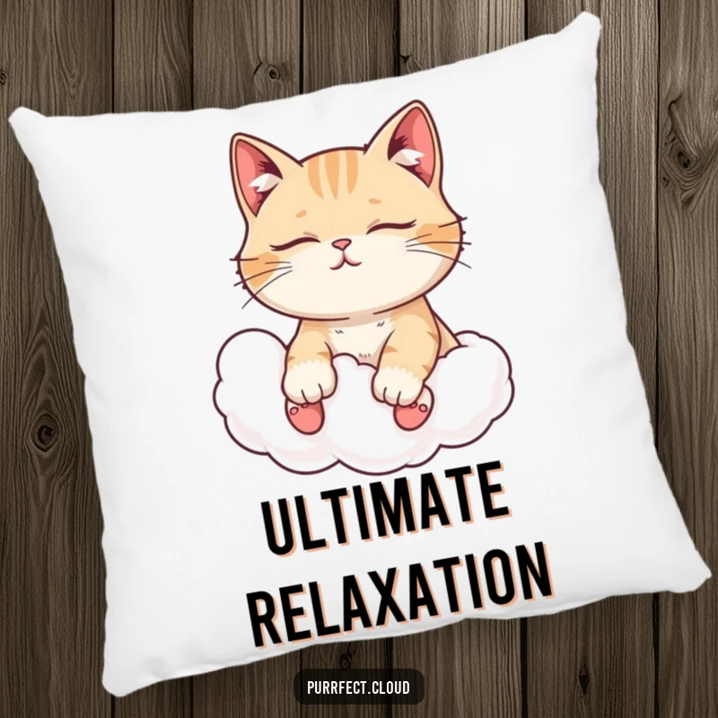 Funny cat pillow, with closed eyes, enjoying a cloud ride, perfect for cozy comfort and peaceful relaxation.