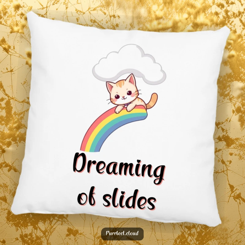Funny pillow featuring a cat gleefully sliding down a colorful rainbow from a cloud, perfect for playful comfort.