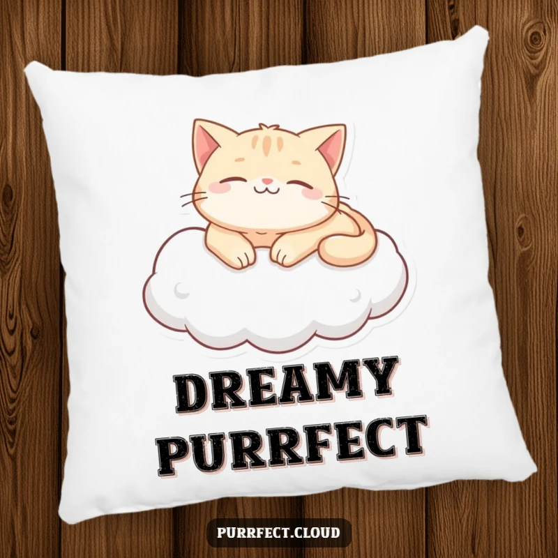 Funny purring cat cloud pillow, depicting a content cat lounging on a cloud, offering ultimate cozy comfort and a sense of peacefulness.