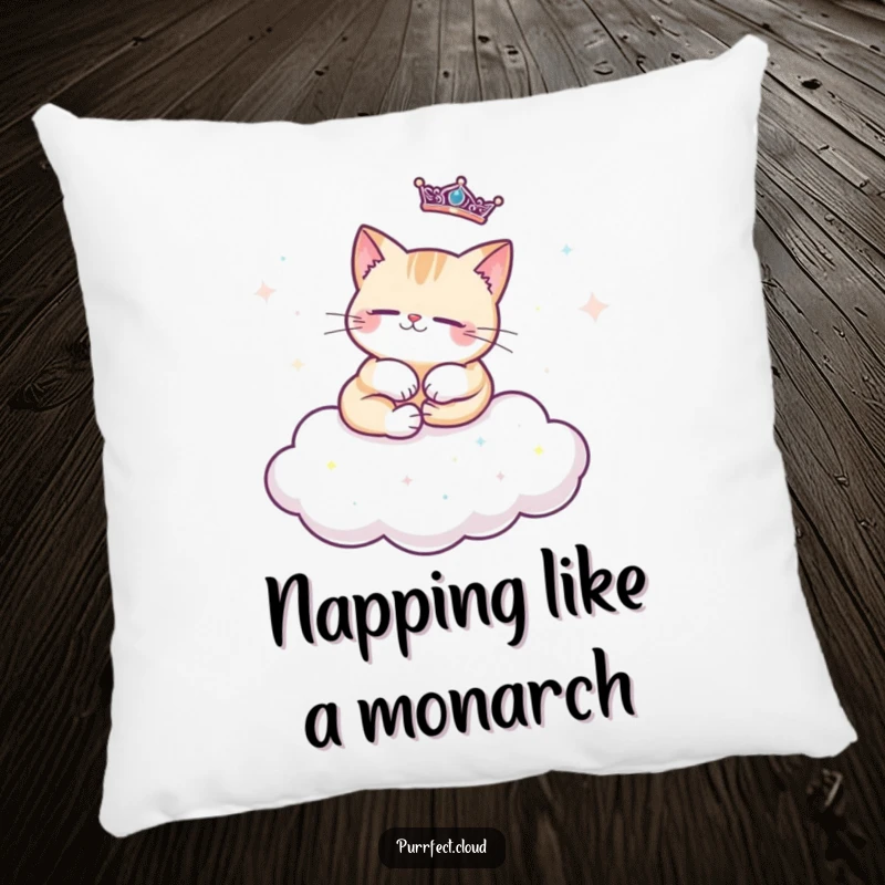Funny regal cat pillow featuring a cat lounging regally on a cloud decorated with sparkles, perfect for adding luxurious and soft decor.