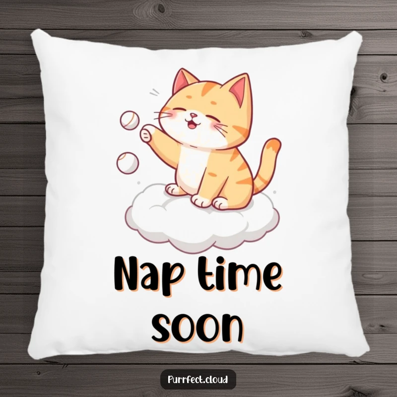 Funny cat pillow, playing fetch with itself on a cloud, tossing a tiny ball, perfect for cozy comfort and humor.