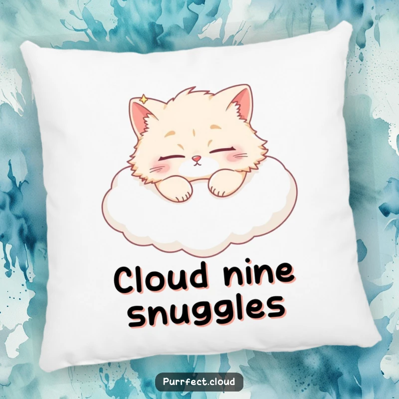 Funny fluffy cat sleeping soundly on a puffy white cloud, offering comfort and charm on this pillow.