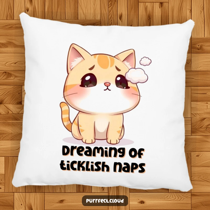 Funny cat pillow featuring a cat with a surprised face as a cloud tickles its nose, soft and humorous.
