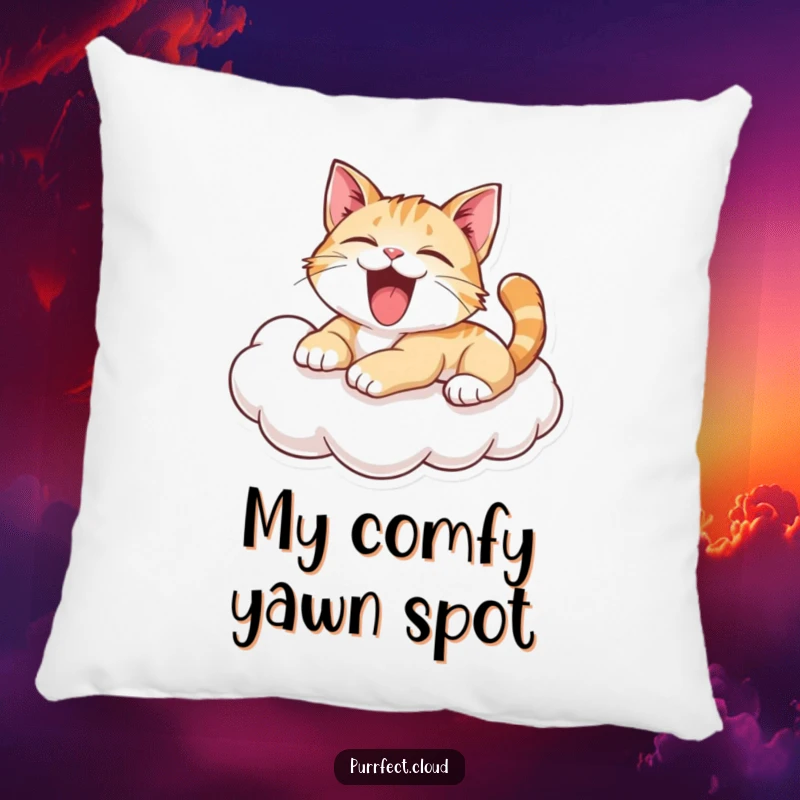 Funny Yawning Cat Pillow: A sleeping cat mid-yawn on a cloud, offering plush comfort and humorous charm. A perfect funny gift.