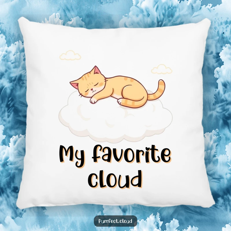Funny napping cloud cat pillow, featuring a serene cat asleep on a fluffy cloud.