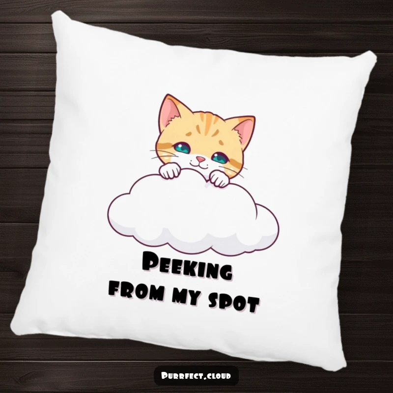 Funny Curious Cat Pillow: A cat peeking over a cloud's edge, looking down with curiosity, offering comfort and humor. A perfect funny gift.