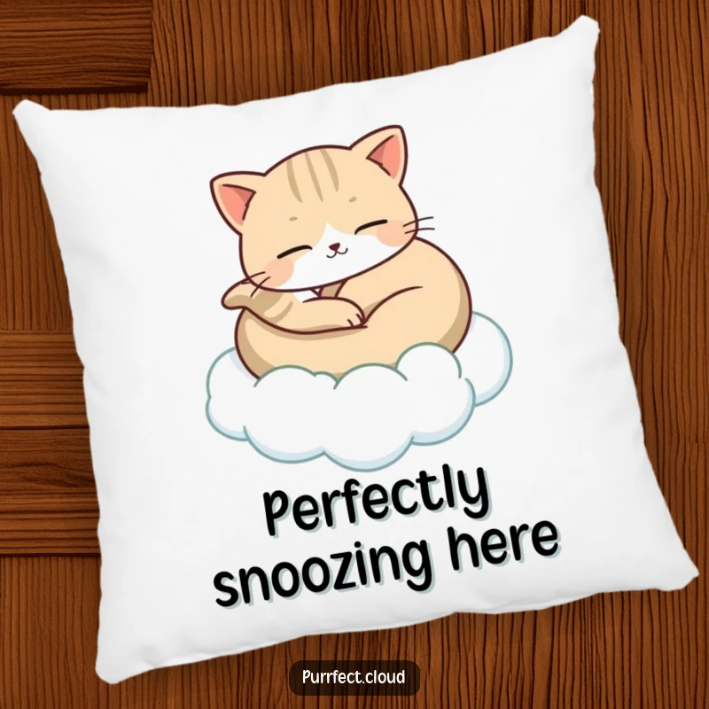 Funny pillow featuring a cat peacefully curled up, gently carried by a floating cloud, offering cozy comfort and serene feline bliss.
