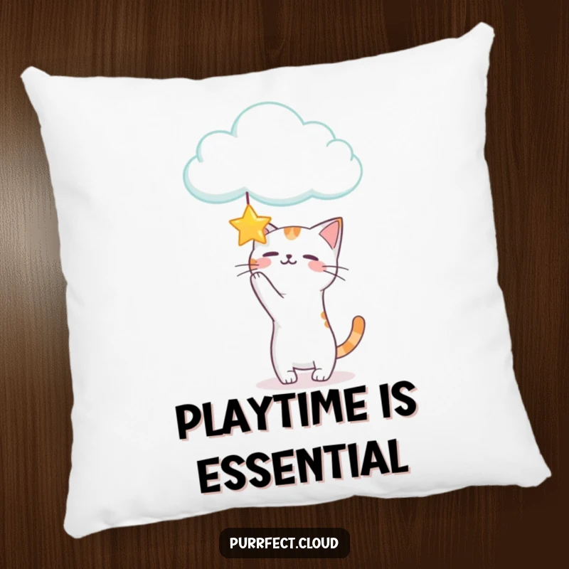 Funny Playful Cat Pillow with a cat batting at a star from a cloud, offering fun and comfort.