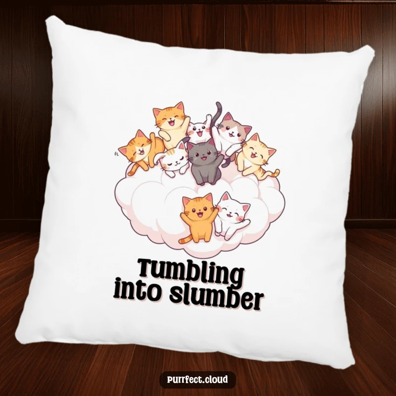 Funny Cat Tumble Pillow: Joyful cats tumbling on a soft cloud, offering plush comfort and playful humor. A perfect funny gift.