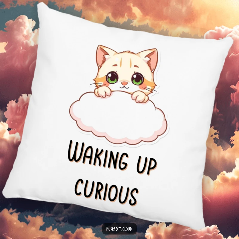 Funny curious cat cloud pillow, depicting a cat peeking over a cloud with wide eyes, offering cozy comfort and symbolizing curiosity.
